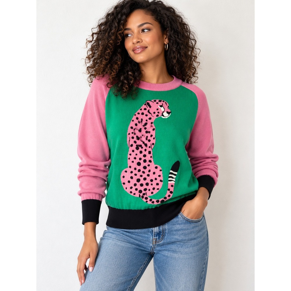 OXKNIT Cheetah Sweater Womens S Green Pink Cotton Graphic Intarsia Knit Pullover